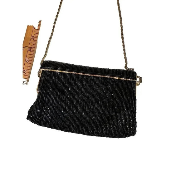 Vintage Women's Rectangle Shape Black Beaded Handbag Purse - Picture 1 of 9
